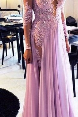Sexy Long Sleeves Lilac Lace Appliques Chiffon See Through Prom Evening Formal Dresses 3020071