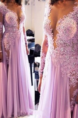Sexy Long Sleeves Lilac Lace Appliques Chiffon See Through Prom Evening Formal Dresses 3020071