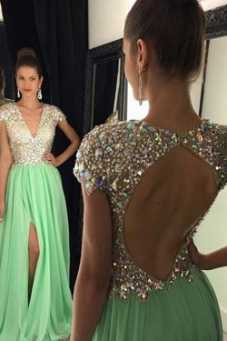 Mint Green Chiffon Beaded Sequins Keyhole Back Long Prom Evening Formal Dresses 3020073