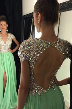 Mint Green Chiffon Beaded Sequins Keyhole Back Long Prom Evening Formal Dresses 3020073
