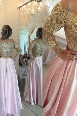 Long Sleeves Off-the-Shoulder Gold Beaded Lace Pink Prom Evening Formal Dresses 3020075