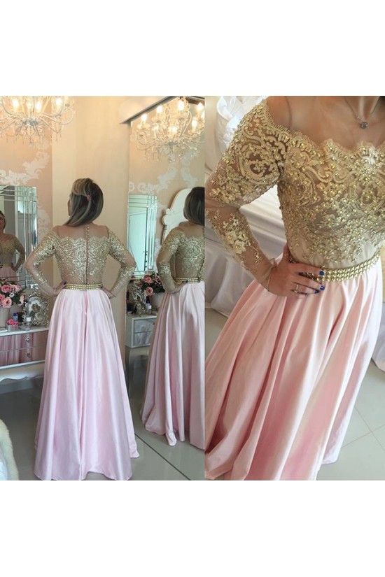 Long Sleeves Off-the-Shoulder Gold Beaded Lace Pink Prom Evening Formal Dresses 3020075
