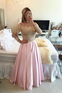 Long Sleeves Off-the-Shoulder Gold Beaded Lace Pink Prom Evening Formal Dresses 3020075