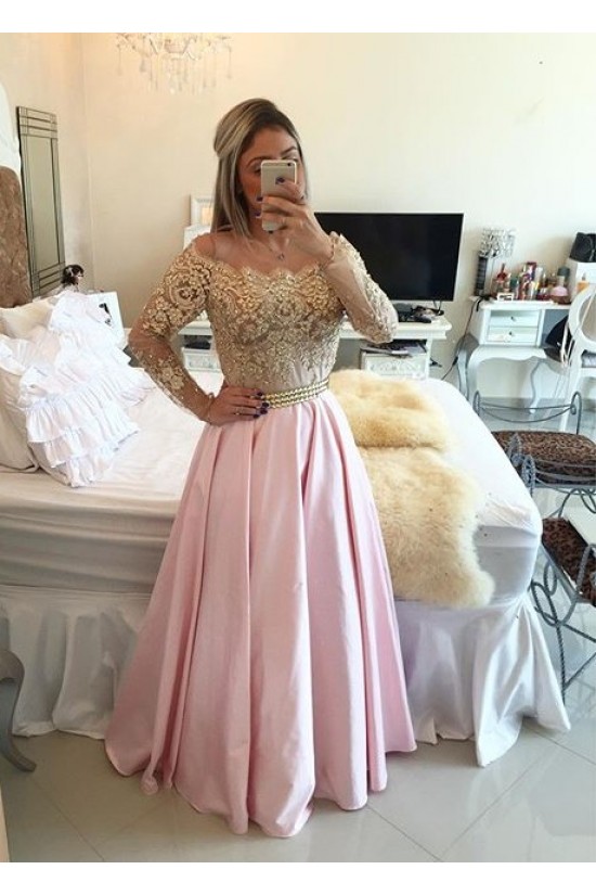 Long Sleeves Off-the-Shoulder Gold Beaded Lace Pink Prom Evening Formal Dresses 3020075