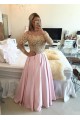 Long Sleeves Off-the-Shoulder Gold Beaded Lace Pink Prom Evening Formal Dresses 3020075