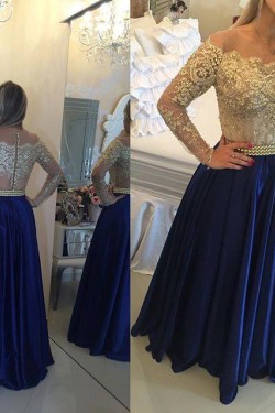 Long Sleeves Off-the-Shoulder Gold Beaded Lace Blue Prom Evening Formal Dresses 3020076