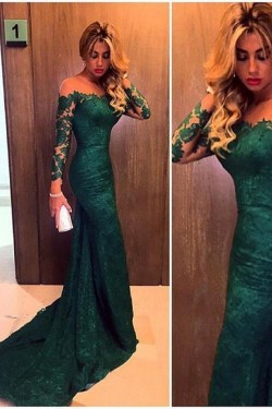 Trumpet/Mermaid Long Sleeves Green Lace Prom Evening Formal Dresses  3020077