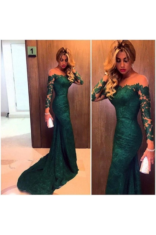 Trumpet/Mermaid Long Sleeves Green Lace Prom Evening Formal Dresses  3020077