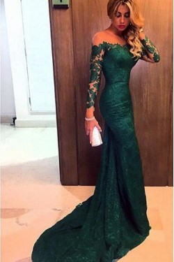 Trumpet/Mermaid Long Sleeves Green Lace Prom Evening Formal Dresses  3020077