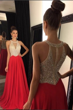 Beaded Long Red Chiffon Prom Evening Formal Dresses 3020078