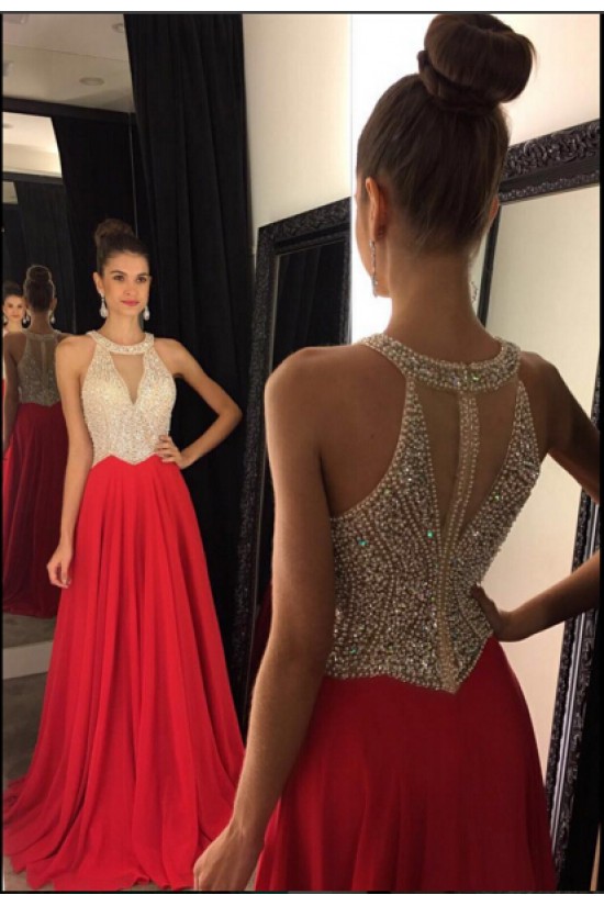Beaded Long Red Chiffon Prom Evening Formal Dresses 3020078