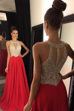 Beaded Long Red Chiffon Prom Evening Formal Dresses 3020078