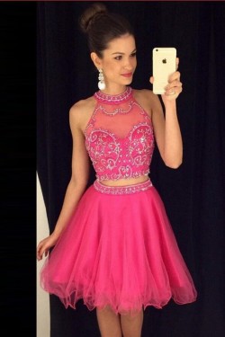 Two Pieces Hot Pink Beaded Prom Evening Formal Dresses 3020084