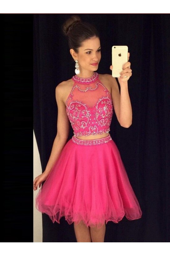 Two Pieces Hot Pink Beaded Prom Evening Formal Dresses 3020084