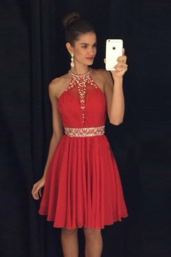 A-Line Short Beaded Chiffon Red Prom Evening Cocktail Homecoming Dresses 3020086