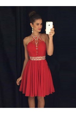 A-Line Short Beaded Chiffon Red Prom Evening Cocktail Homecoming Dresses 3020086