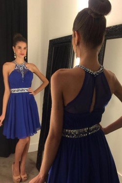 A-Line Short Beaded Chiffon Blue Prom Evening Cocktail Homecoming Dresses 3020087