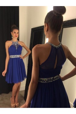 A-Line Short Beaded Chiffon Blue Prom Evening Cocktail Homecoming Dresses 3020087
