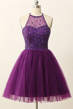 A-Line Short Sequins Purple Prom Evening Bridesmaid Cocktail Homecoming Dresses 3020088