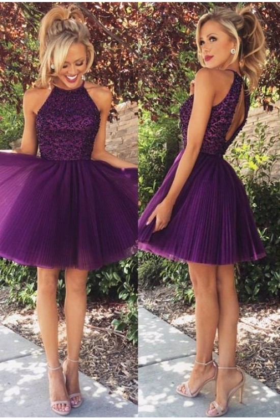 A-Line Short Beaded Purple Prom Evening Bridesmaid Cocktail Homecoming Dresses 3020090