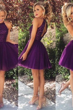 A-Line Short Beaded Purple Prom Evening Bridesmaid Cocktail Homecoming Dresses 3020090