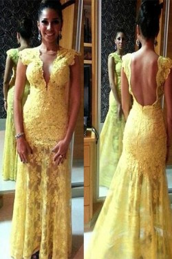 Long Yellow Lace Prom Evening Formal Dresses 3020091