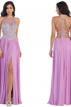 Beaded Lilac Chiffon Long Prom Evening Formal Dresses 3020093