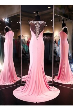 Beaded Long Pink See Through Prom Evening Formal Dresses 3020094