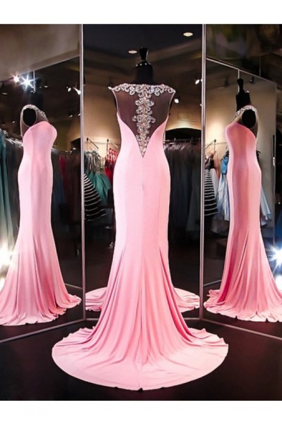 Beaded Long Pink See Through Prom Evening Formal Dresses 3020094