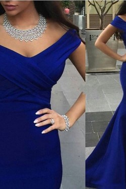 Trumpet/Mermaid Off-the-Shoulder Long Royal Blue Prom Evening Formal Dresses 3020095