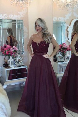 A-Line Beaded Lace See Through Prom Evening Formal Dresses 3020096