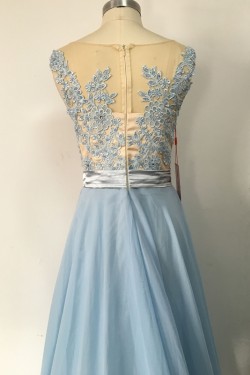 Long Blue Lace Chiffon See Through Prom Evening Formal Dresses 3020097