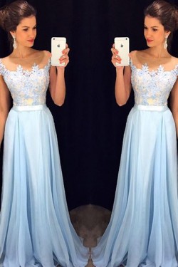 Long Blue Lace Chiffon See Through Prom Evening Formal Dresses 3020097