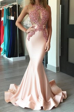 Sexy Mermaid Pink Lace Long Prom Evening Formal Dresses 3020098