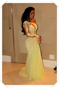 One Sleeve Long Yellow Lace Appliques See Through Prom Evening Formal Dresses 3020100