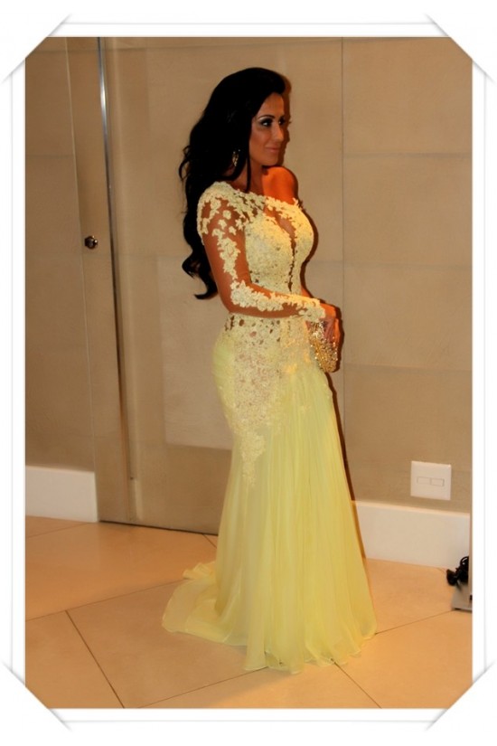 One Sleeve Long Yellow Lace Appliques See Through Prom Evening Formal Dresses 3020100