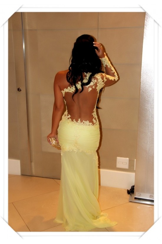One Sleeve Long Yellow Lace Appliques See Through Prom Evening Formal Dresses 3020100