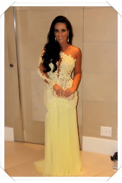 One Sleeve Long Yellow Lace Appliques See Through Prom Evening Formal Dresses 3020100