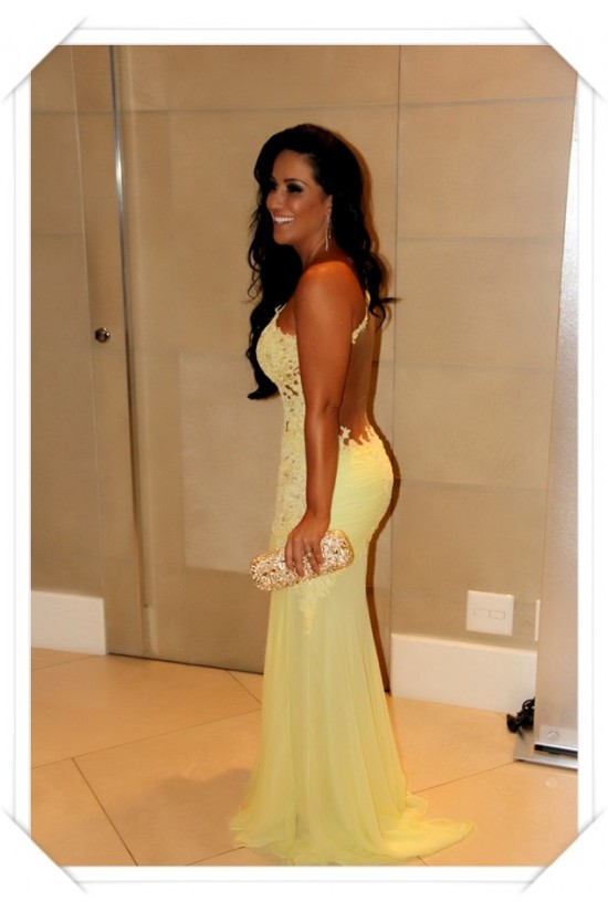 One Sleeve Long Yellow Lace Appliques See Through Prom Evening Formal Dresses 3020100