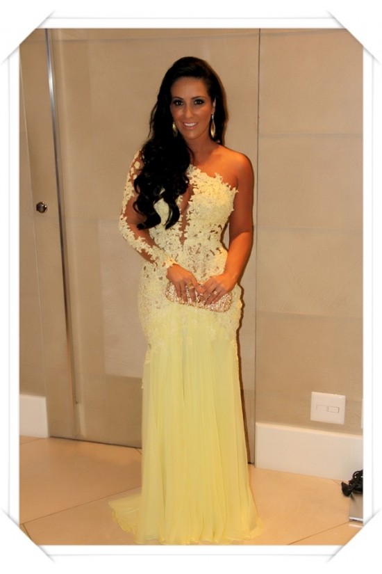 One Sleeve Long Yellow Lace Appliques See Through Prom Evening Formal Dresses 3020100
