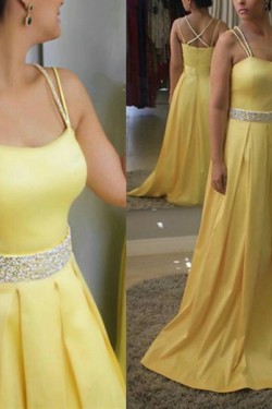 Long Yellow Beaded Spaghetti Straps Prom Formal Evening Party Dresses 3021000