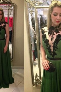 Long Green Chiffon Black Lace Appliques Prom Formal Evening Party Dresses 3021003