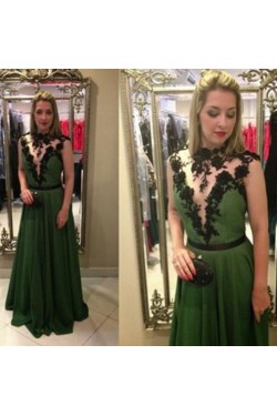 Long Green Chiffon Black Lace Appliques Prom Formal Evening Party Dresses 3021003