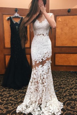 Trumpet/Mermaid Long White See Through Prom Evening Formal Dresses 3020101