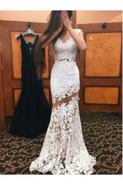 Trumpet/Mermaid Long White See Through Prom Evening Formal Dresses 3020101