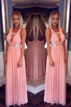 Long Pink Beaded Chiffon Prom Formal Evening Party Dresses 3021014