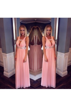 Long Pink Beaded Chiffon Prom Formal Evening Party Dresses 3021014