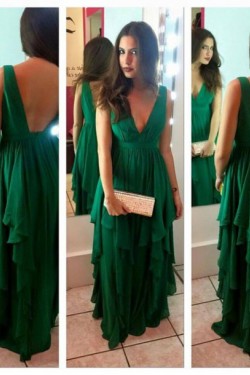 Long Green V-Neck Chiffon Prom Formal Evening Party Dresses 3021015
