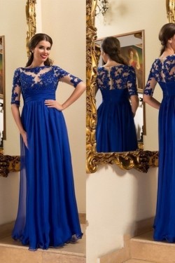 Long Royal Blue Lace Appliques and Chiffon Prom Formal Evening Party Dresses 3021017