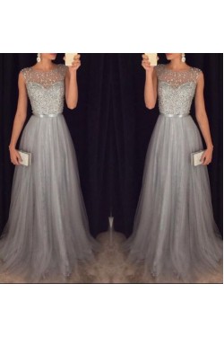 Beaded Grey Long Prom Evening Formal Dresses 3020102